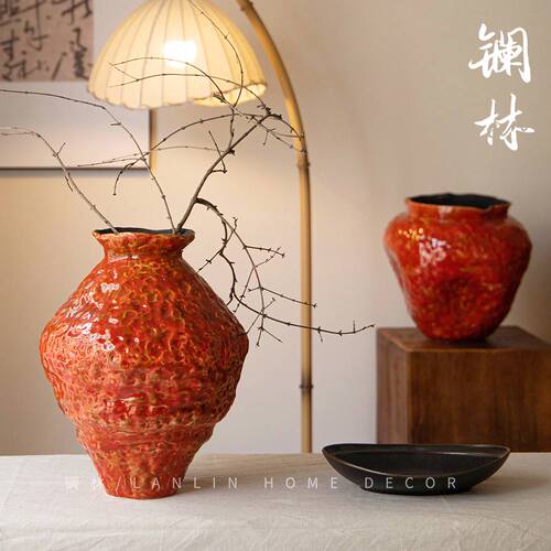 景德镇手工锤纹鲜花水培两用陶瓷侘寂复古台面花瓶禅意粗陶罐朱颜