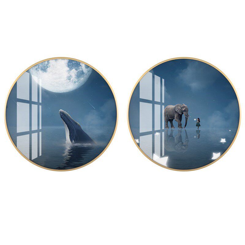 儿童房装饰画梦幻创意个性房间小清新温馨蓝色圆形卧室画床头挂画