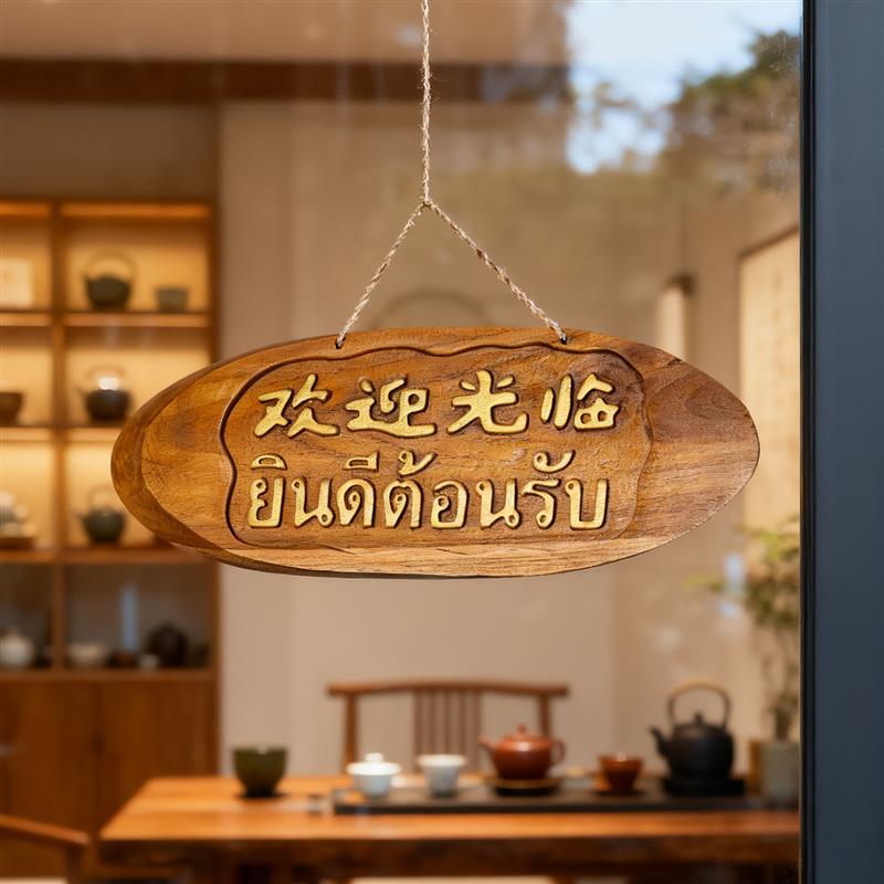 泰国欢迎光临装饰挂牌店铺门牌实木质创意吧台摆件正在营业中挂牌