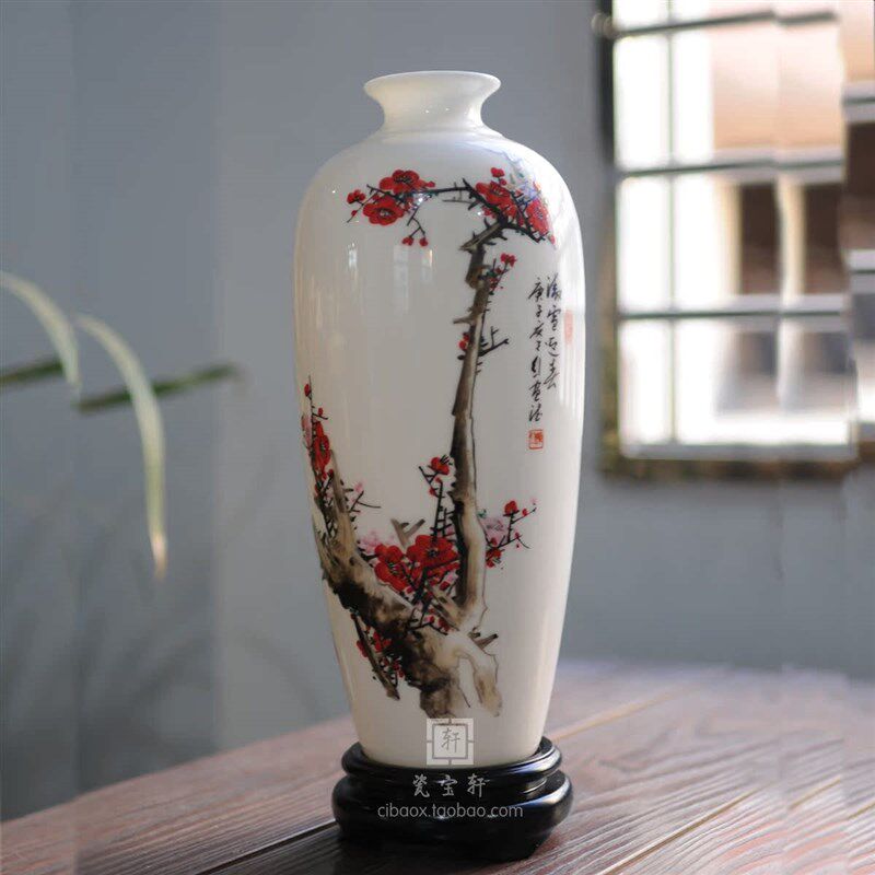 陈行一德化白瓷手绘梅花羊脂玉瓷花瓶家居办公室客厅玄关陶瓷摆件