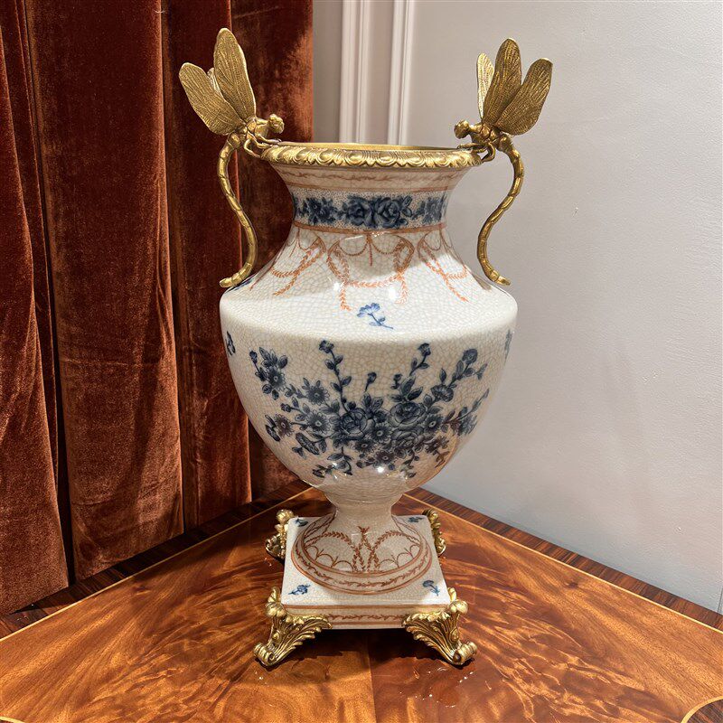 英式古典风陶瓷配黄铜花瓶欧式古典中国风青花瓷瓶裂纹陶瓷瓶
