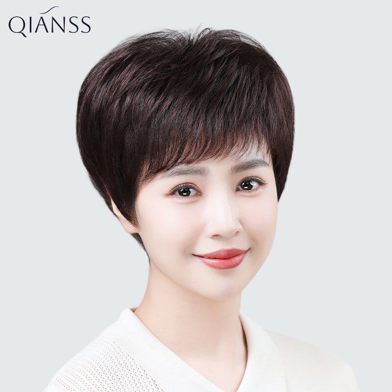 假发全头套女真人发丝短发全头套假发中年妈妈款真发日常自然无痕