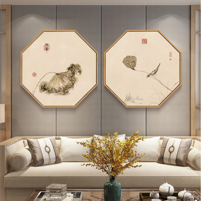 新中式花鸟禅意装饰画客厅玄关壁画餐厅茶室中国风古典挂画八边形