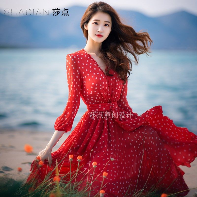 法式V领波点连衣裙七分袖2024夏季新款收腰显瘦海边度假沙滩长裙