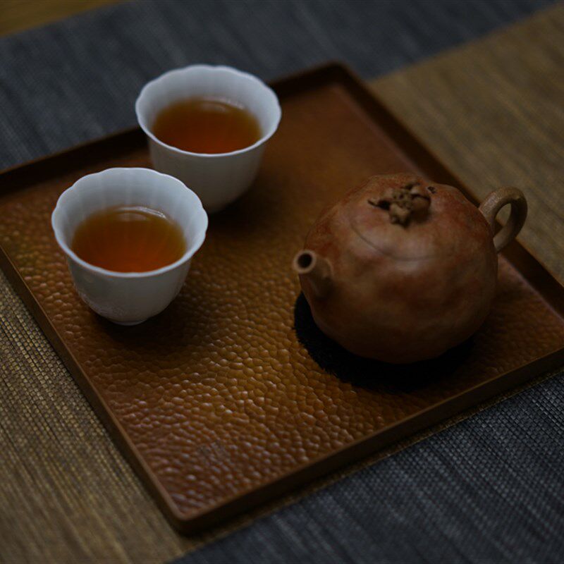 铜契壶承纯铜方盘锤纹铜盘茶壶托干泡盘手工制作茶道茶席紫铜茶盘