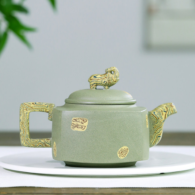 宜兴紫砂壶 原矿绿泥 四方祥瑞壶功夫茶具容量300毫升