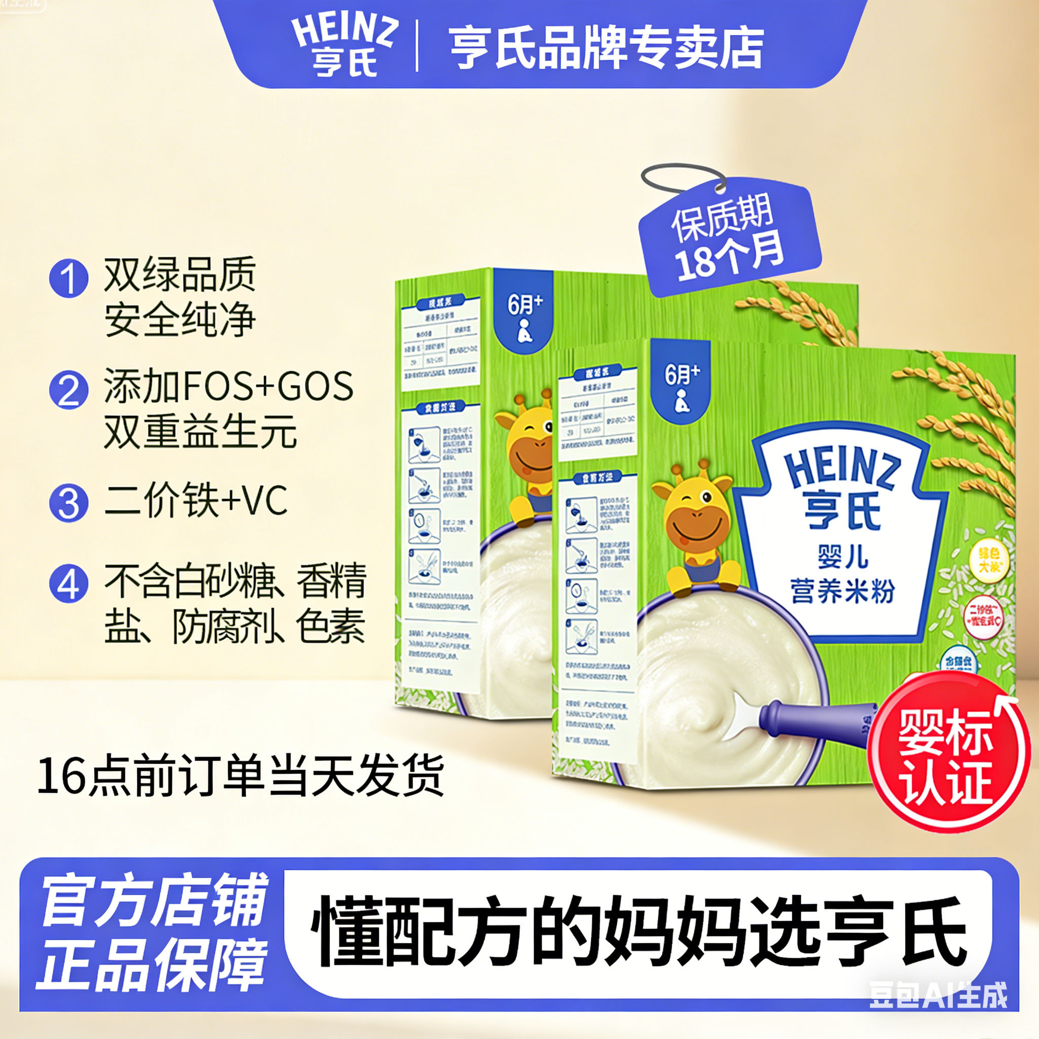 【2盒装】亨氏高铁米粉6月宝宝辅食0添加米糊铁锌钙营养果蔬400g