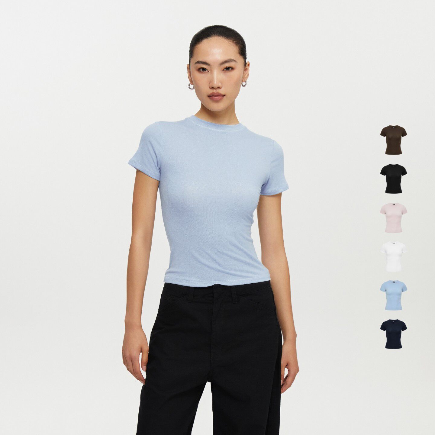 oneup莱赛尔天丝亚麻修身正肩短袖T恤女夏季蓝色面膜T恤粉色上衣