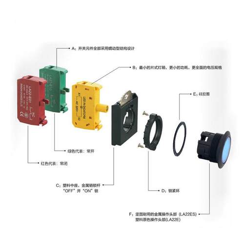 宇达模块按钮开关防水自复位自锁LA22E-11D带灯启动停止开关 220V