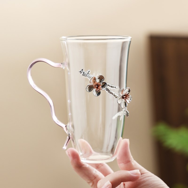 玻璃杯花语绿茶杯女士个人专用高颜值镶花透明喝水杯办公室泡花茶