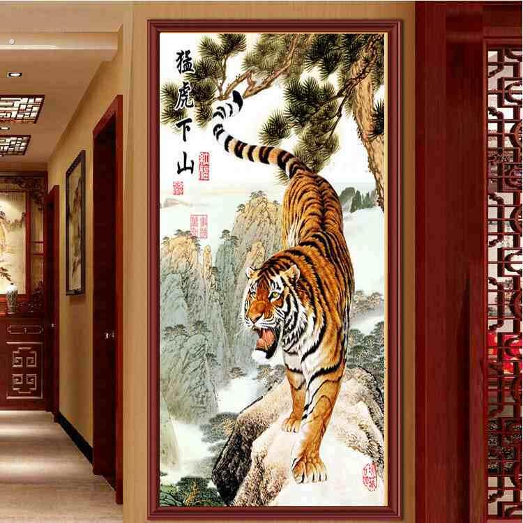 2023新款点钻石画中国风老虎猛虎下山玄关竖版满钻粘钻贴钻十字绣