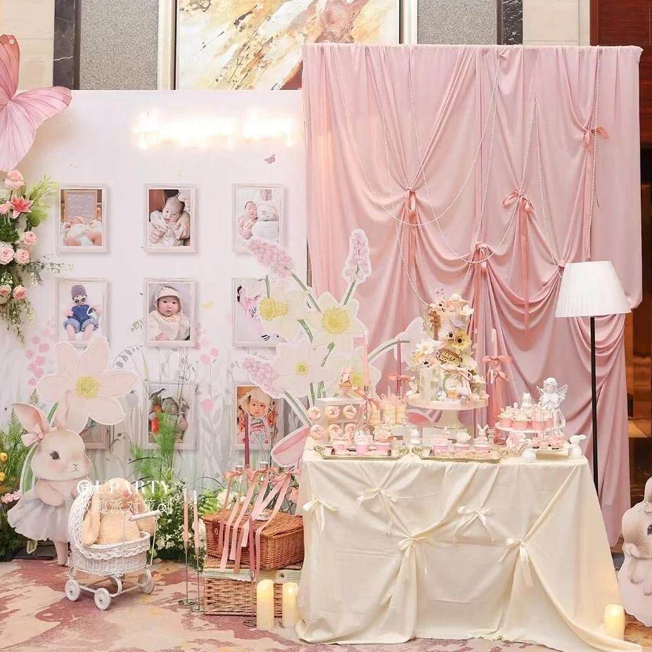 周岁宴蓝色粉色香槟生日背景布蝴蝶结求婚订婚仪式氛围摄影道具布