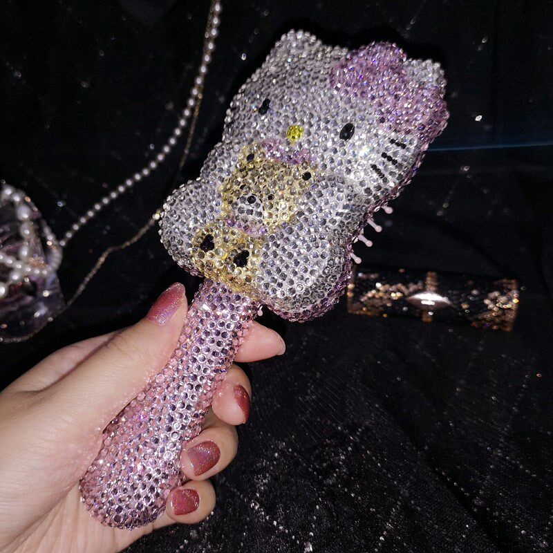 网红可爱卡通猫水钻补妆化妆镜少女心梳妆手持镜家用气垫木梳镜子