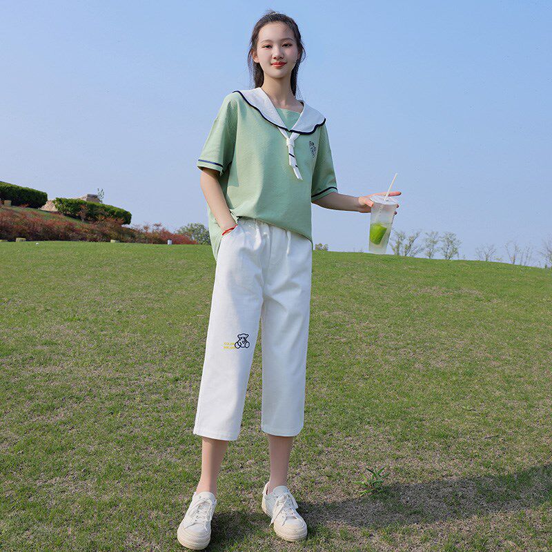 初中生少女休闲套装海军领结学院风套服绣花夏装高中生短裤两件套