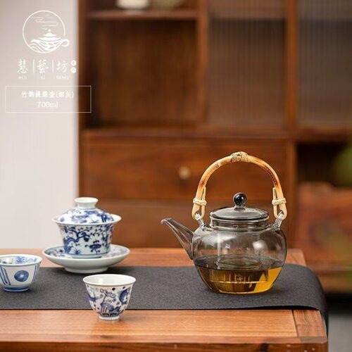 竹节提梁高硼硅玻璃壶家用透明烟灰泡茶壶冲茶器加热电陶炉壶茶具