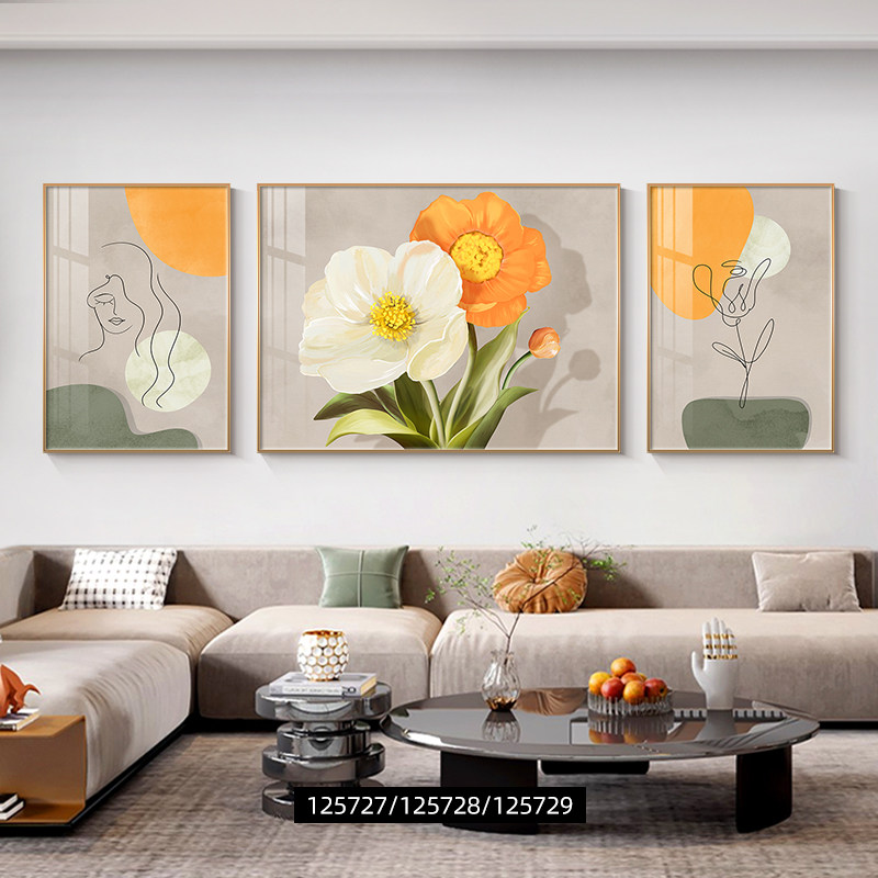 侘寂风花朵客厅装饰画原木风氛围感沙发背景墙挂画2025高档三联画