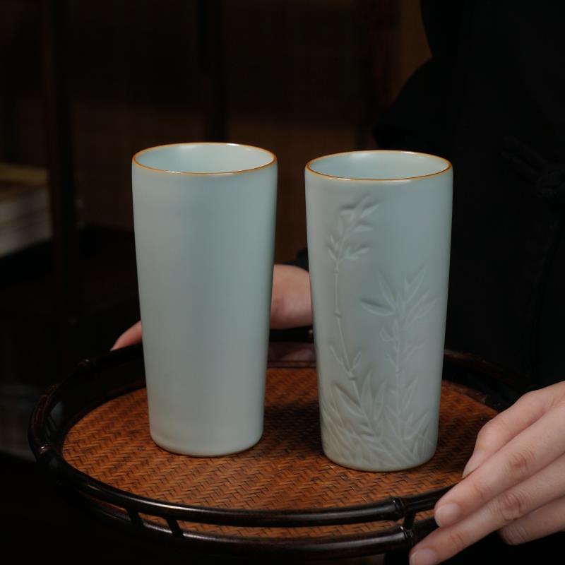 青澹汝窑水杯景德镇陶瓷杯大容量复古杯子家用简约青瓷茶杯礼盒装