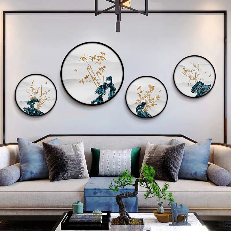 梅兰竹菊挂画新中式客厅装饰画圆形中国风梅花玄关背景墙山水竹子