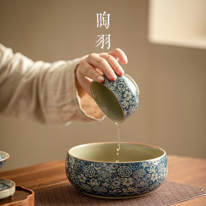 汝窑青花茶洗家用开片大水盂水洗杯洗茶道配件复古洗茶器建水茶具