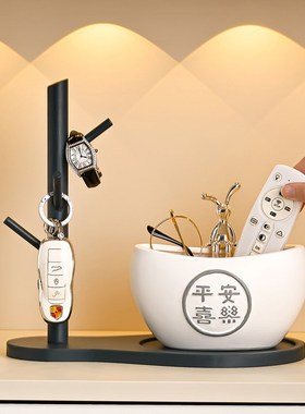 玄关钥匙收纳陶瓷摆件 简约风格平安喜乐置物架 客厅桌面遥控器架