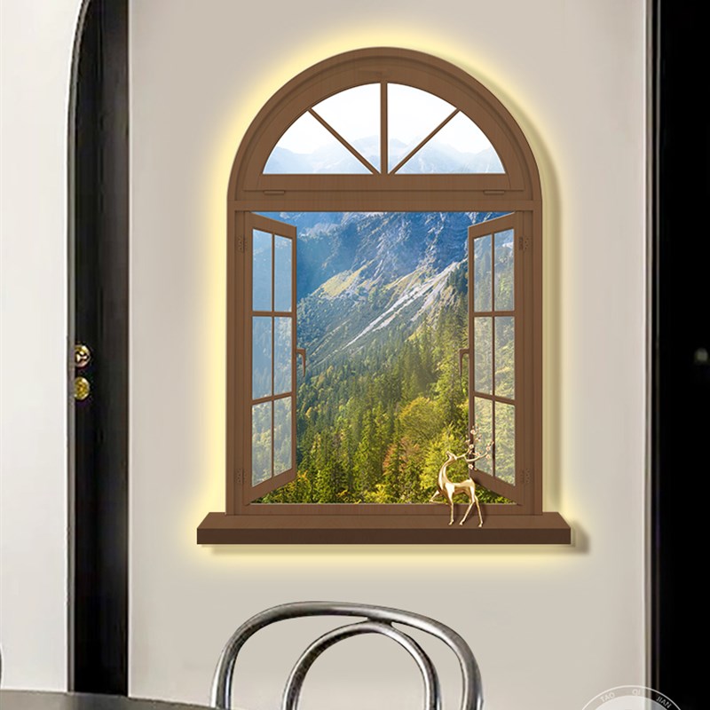 客厅墙面装饰画假窗户风景壁画高级感LED发光灯画餐厅背景墙挂画