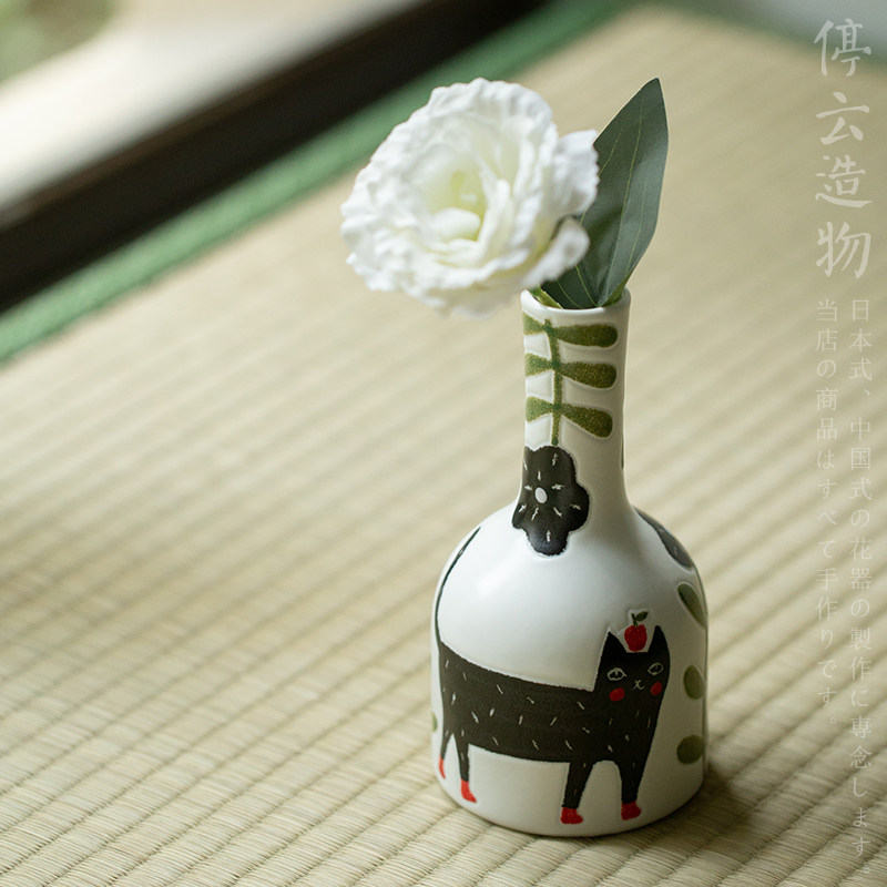 平安猫法式高级黑陶瓷小花瓶手绘可爱猫咪插花瓶乔迁婚房摆件装饰