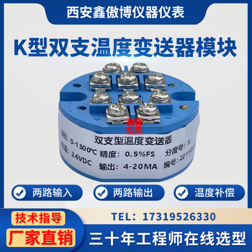 一体化双支K型热电偶温度变送器模块热电偶K型变送温度4-20mA输出