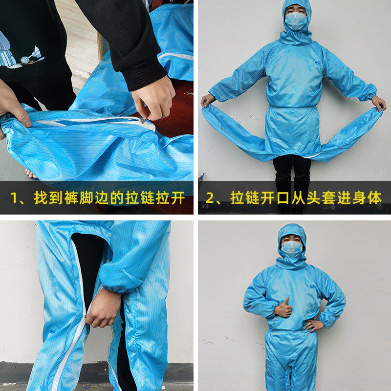 QCFH无尘服连帽连体胯下拉链防静电防尘制药洁净喷漆带帽工作衣服