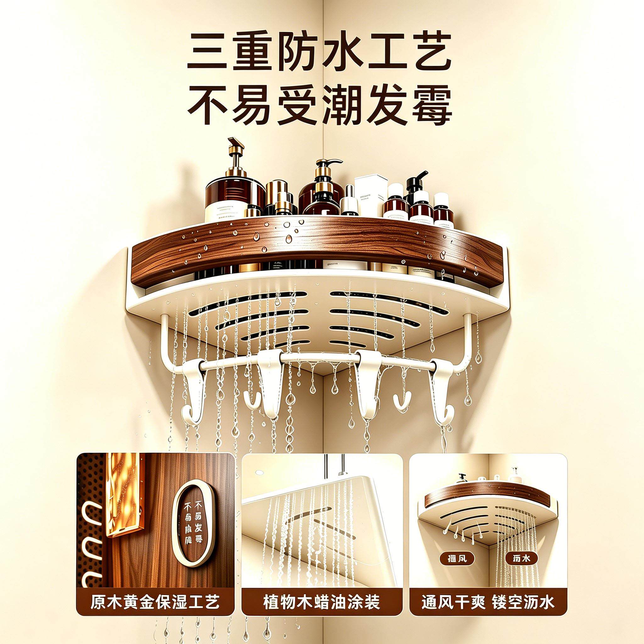 胡洗桃木物浴室置架LXBK-07厕所架壁挂三角免打孔转角收纳澡卫生