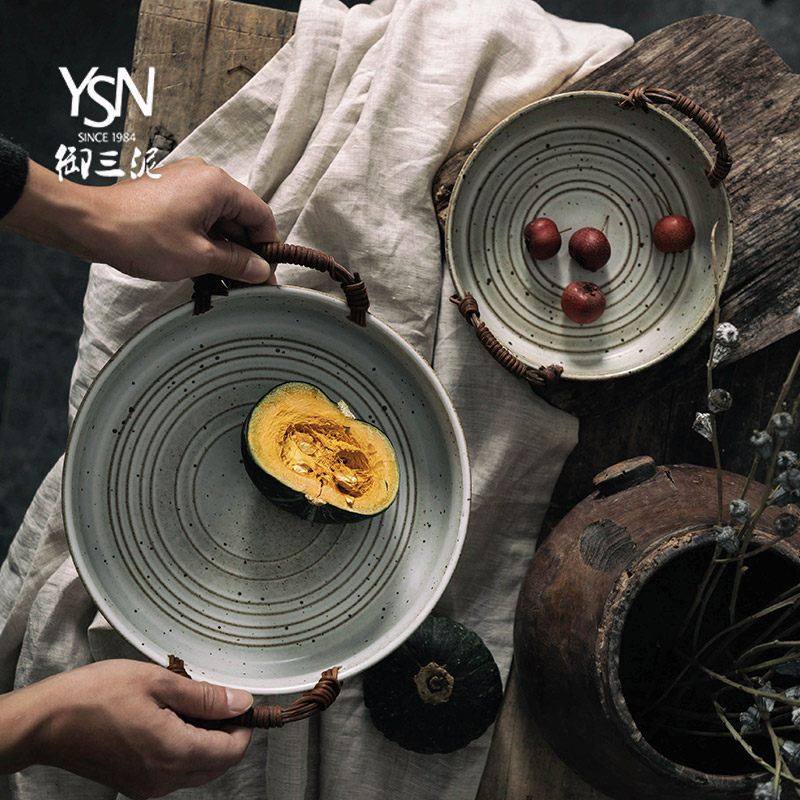 藤编把手蔬菜果盘日式碗盘复古粗陶手工盘子创意陶瓷vintage餐具