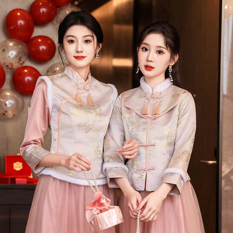 新中式伴娘服女2024冬季新款姐妹团礼服长袖保暖小个子旗袍伴娘裙