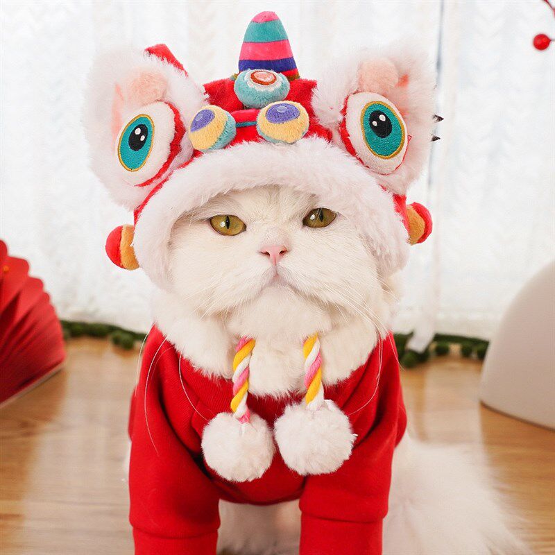 猫咪新年醒狮帽虎头帽宠物帽子狗狗舞狮头套红色喜庆龙年冬季保暖