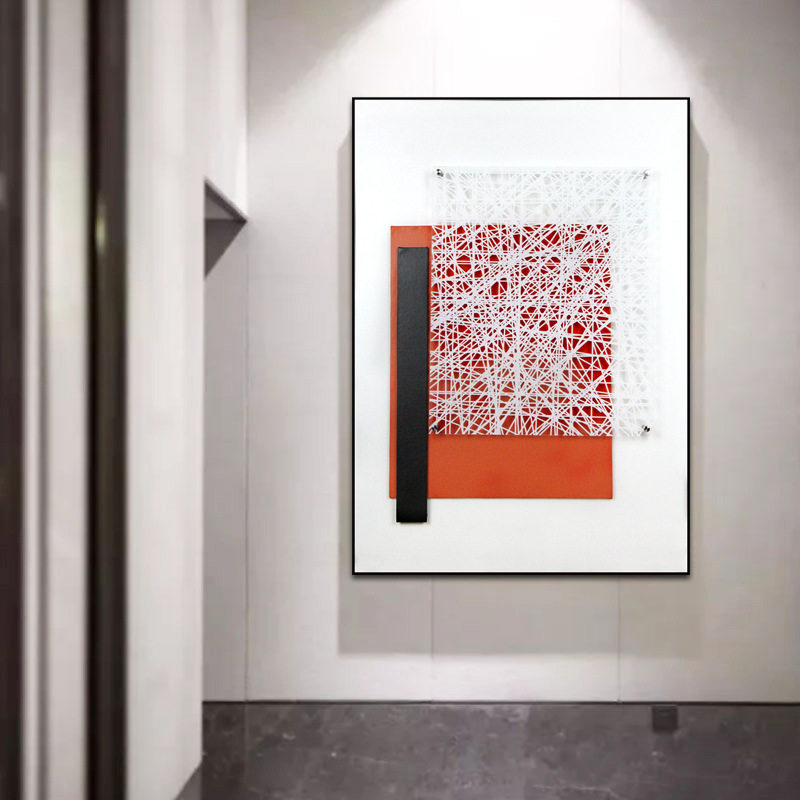 绿桔色皮革拼接实物画立体装置竖版样板间玄关挂画手工装裱装饰画
