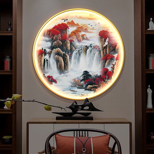 鸿运当头茶室玄关发光带灯新中式餐厅壁灯画圆形背景墙装饰画定做