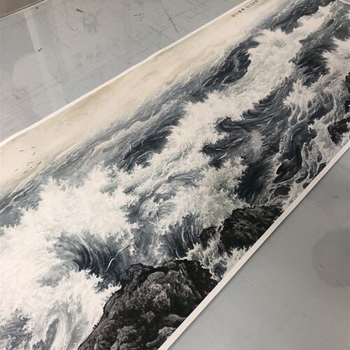酒店餐厅包间装饰画观海听涛 中餐馆配画高清绢布微喷画芯定制