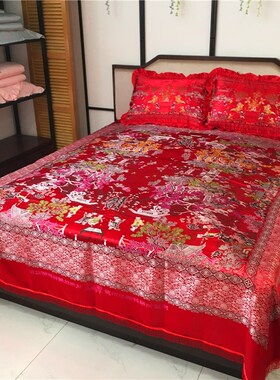 结婚百子图床单床罩大红色加厚杭州丝绸缎枕套中国风婚庆用品床盖