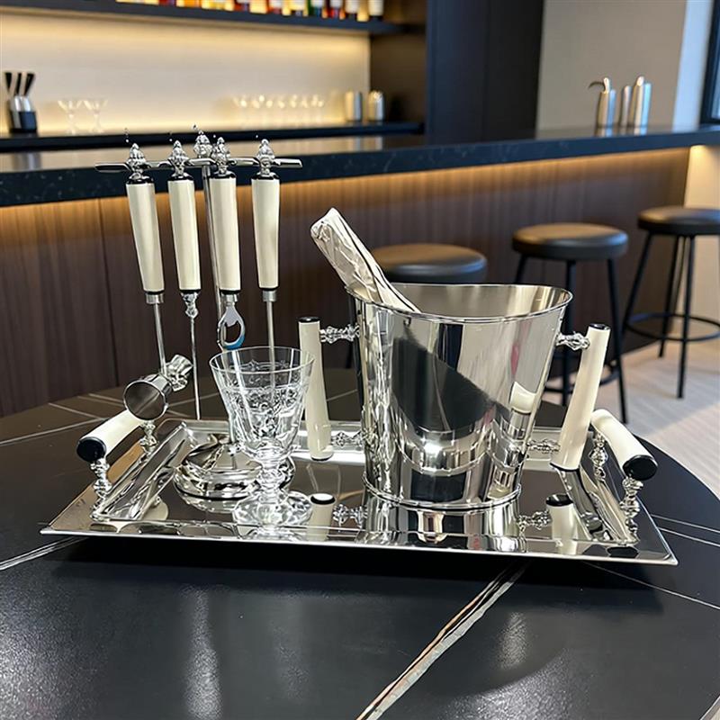 不锈钢银色轻奢风样板间厨房酒柜托盘冰桶储物罐酒吧酒具套装摆件