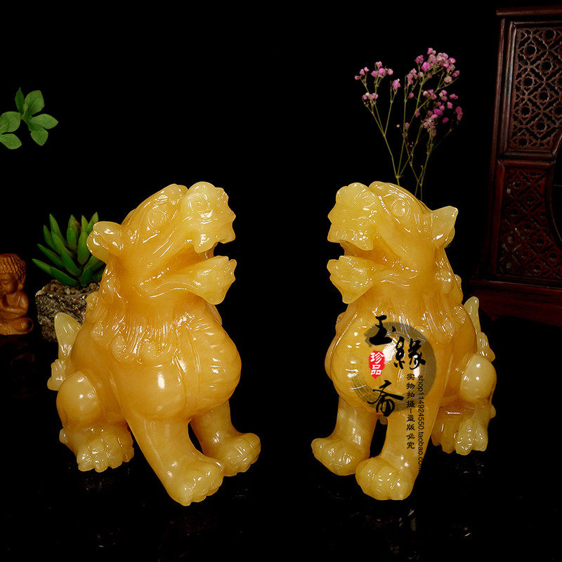 天然米黄玉石貔貅摆件望天吼一对客厅店铺客厅乔迁新居装饰品