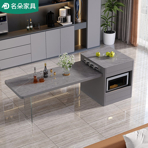 轻奢悬浮岛台餐桌一体伸缩家用吧台厨房小户型定制岩板茶桌5E43