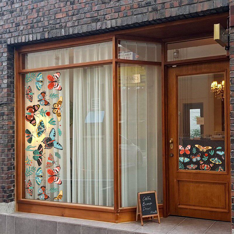 田园蝴蝶贴纸装饰橱窗玻璃门贴花咖啡店窗花贴画墙贴静电透明双面