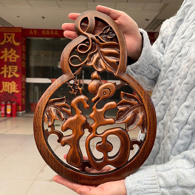 东阳木雕葫芦挂件实木福字家居客厅玄关装饰工艺品香樟木摆件壁挂