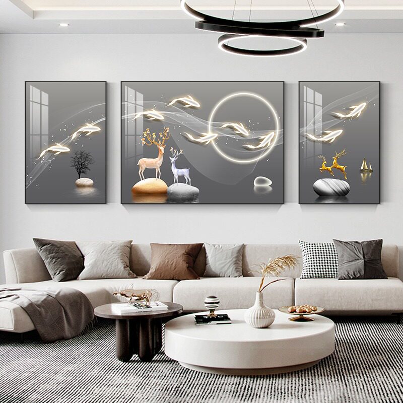 石来运转客厅装饰画招财九鱼图挂画沙发背景墙三联画2023新款壁画