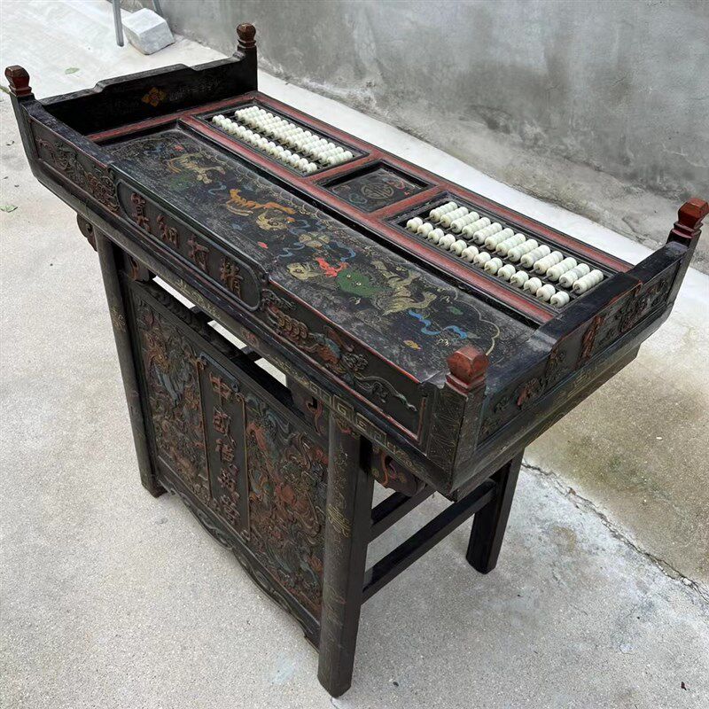 老旧算盘老物件旧藏木胎漆器账房算盘桌古代怀旧六角算盘屏风实木