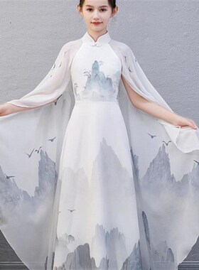 女童古筝白色演出服飘逸汉服儿童合唱中国风演奏朗诵比赛表演服新