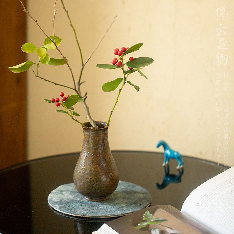 宋式柴烧风花入中式复古粗陶小花瓶手工花器迷你小号茶席禅意花插
