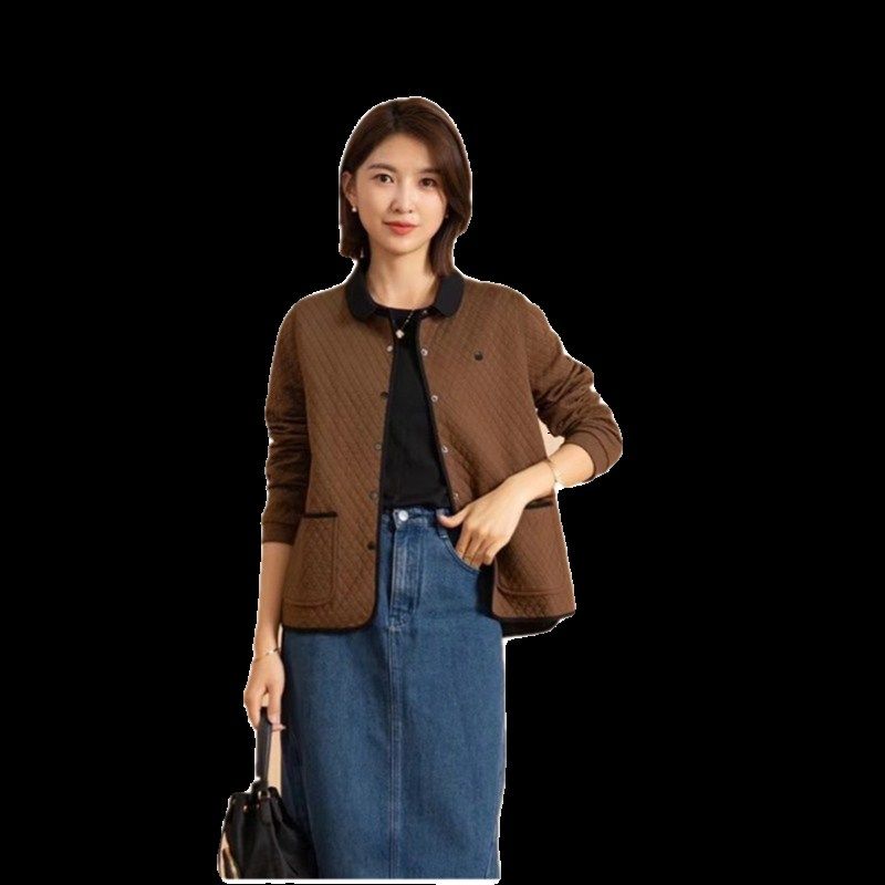 YUN韫2023秋季新款女装娃娃领拼色单排扣夹棉女外套 百搭棉衣1507