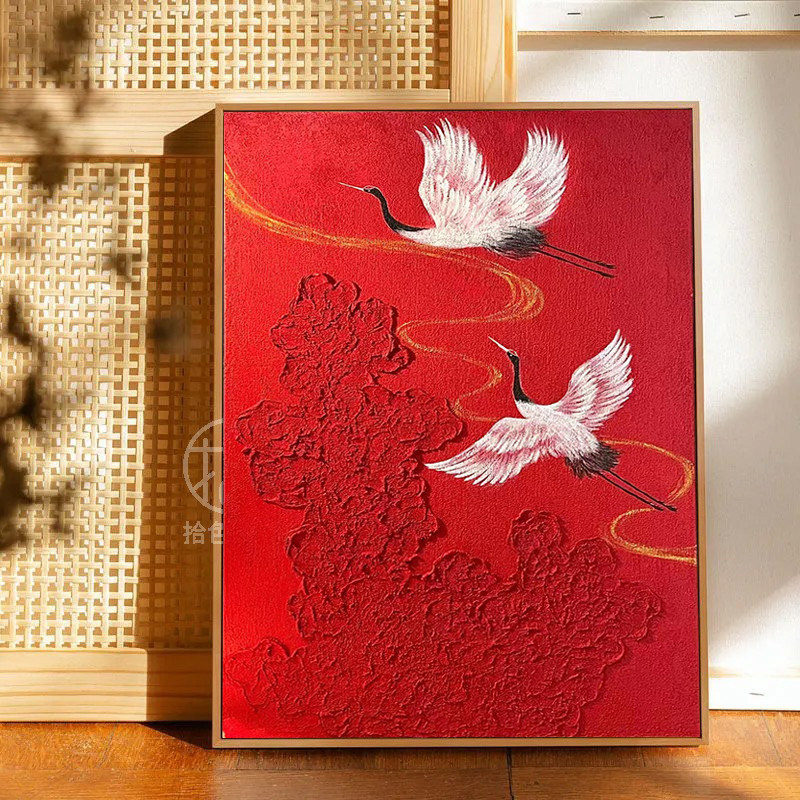 2024新年中国风仙鹤石英砂丙烯肌理画diy材料手工数字油画装饰画