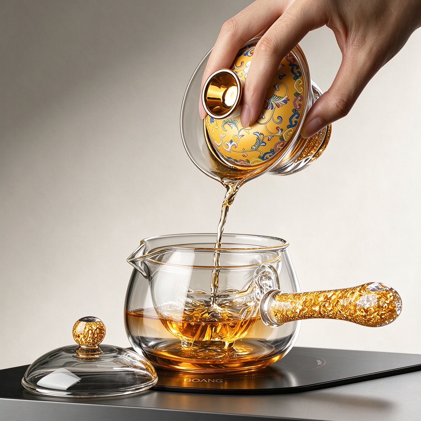 BOANG水晶茶具金箔公杯长把耐热玻璃公道杯茶漏套装高档功夫茶器