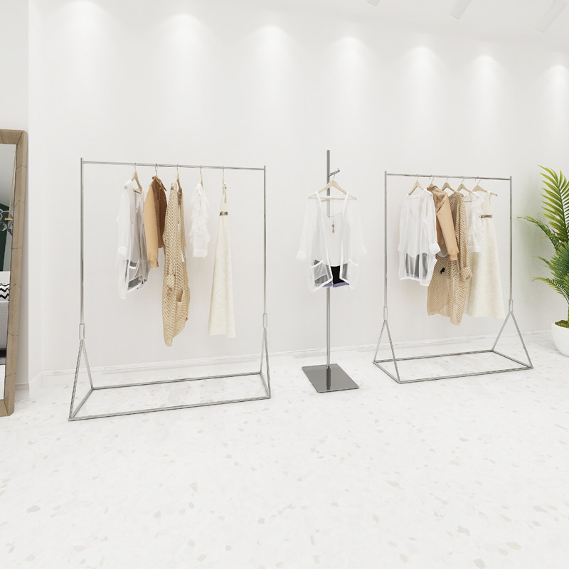 服装店展示架落地式女装挂衣服架子不锈钢拉丝银色展示挂衣架货架