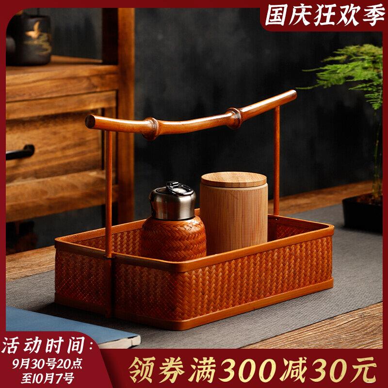 大漆竹编提篮手工篾编筇竹水果篮复古茶具收纳筐中式手提篮便携大